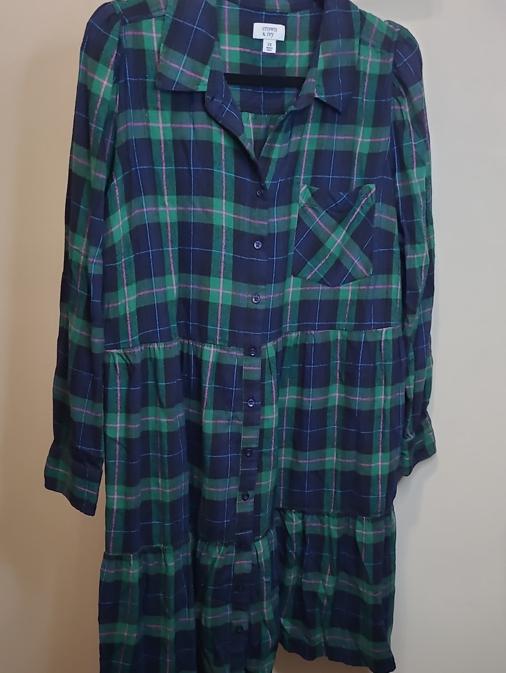 Crown & Ivy Navy Blue & Green Plaid Button-Up Long Sleeve Dress size 2X